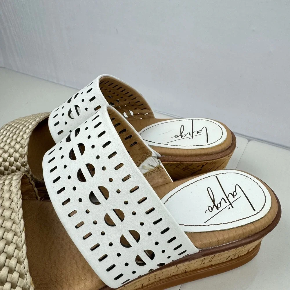 Latigo Kate White Wedge Slide Sandals Women Size 8‎ Cork Wedge Laser Cut
